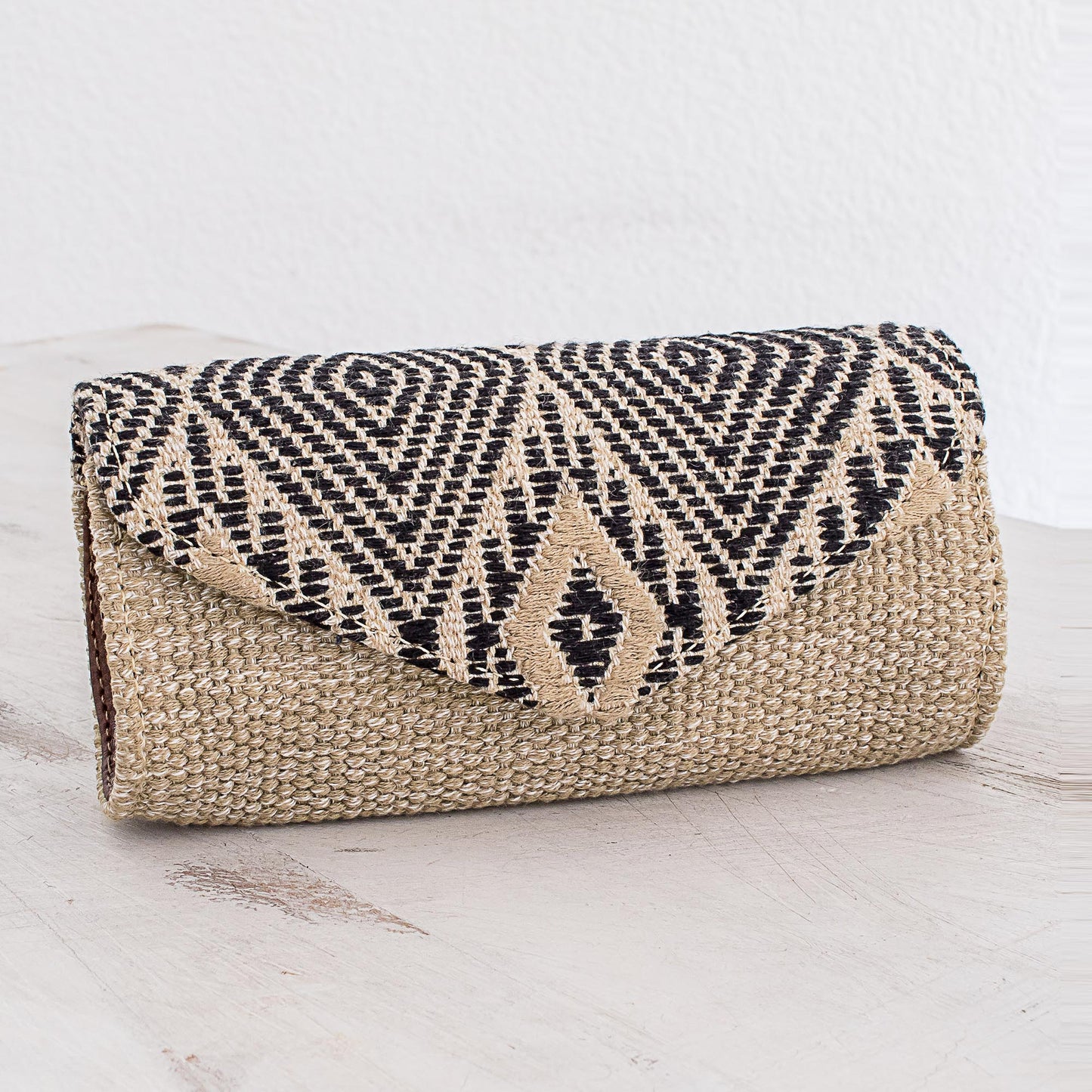 Mayan Cosmos in Black Handwoven Cotton Eyeglasses Case in Black and Beige