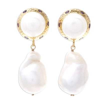 Pure Ocean Gold Plated Cultured Pearl and Amethyst Dangle Earrings