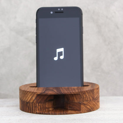 Modern Sound Round Teak Wood Phone Speaker from Thailand