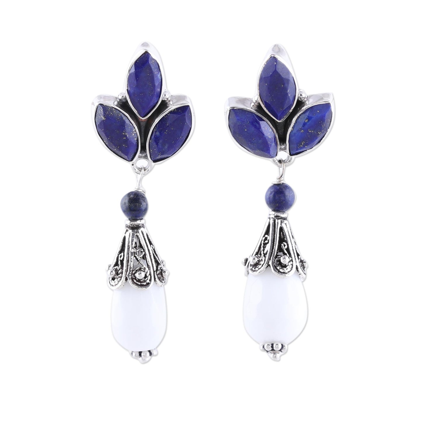 Glowing White Agate and Lapis Lazuli Dangle Earrings from India