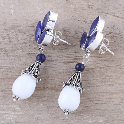 Glowing White Agate and Lapis Lazuli Dangle Earrings from India