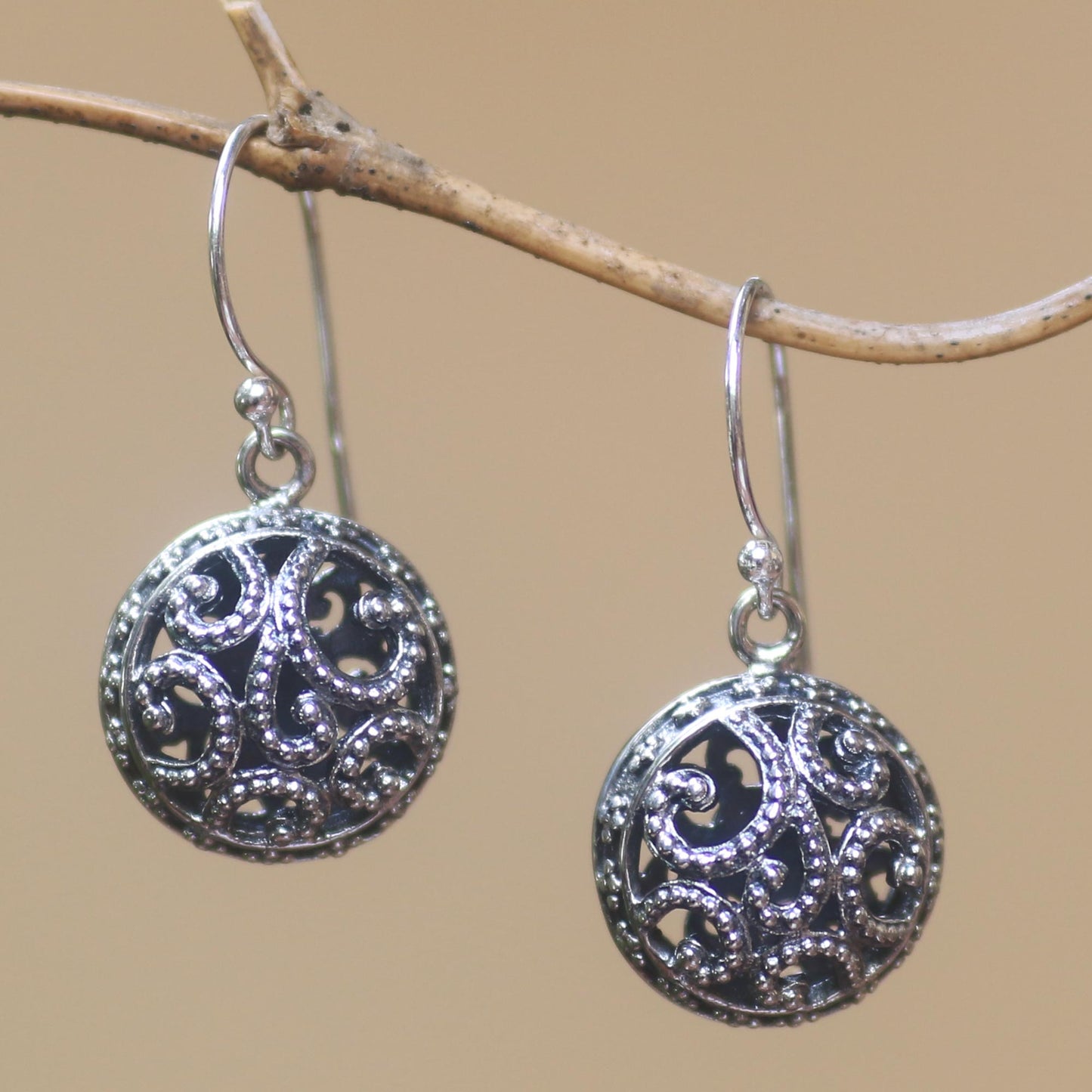 Dewy Disc Dot Pattern Openwork Sterling Silver Dangle Earrings