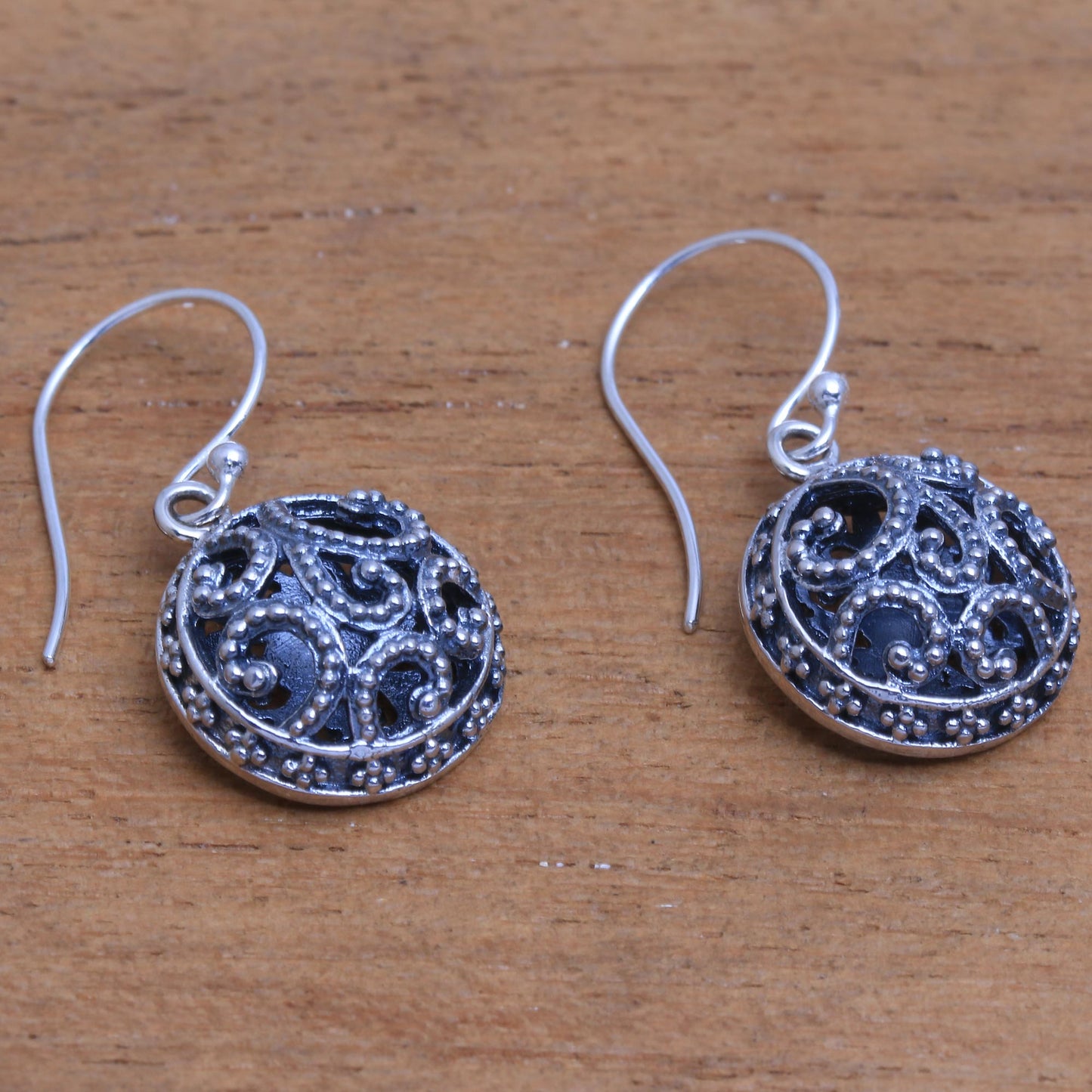 Dewy Disc Dot Pattern Openwork Sterling Silver Dangle Earrings