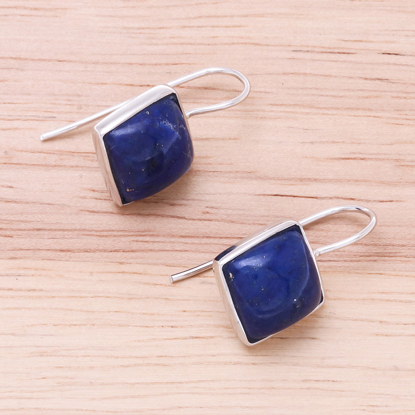 Gleaming Squares Rhodium Plated Lapis Lazuli Drop Earrings from Thailand