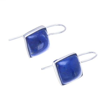 Gleaming Squares Rhodium Plated Lapis Lazuli Drop Earrings from Thailand