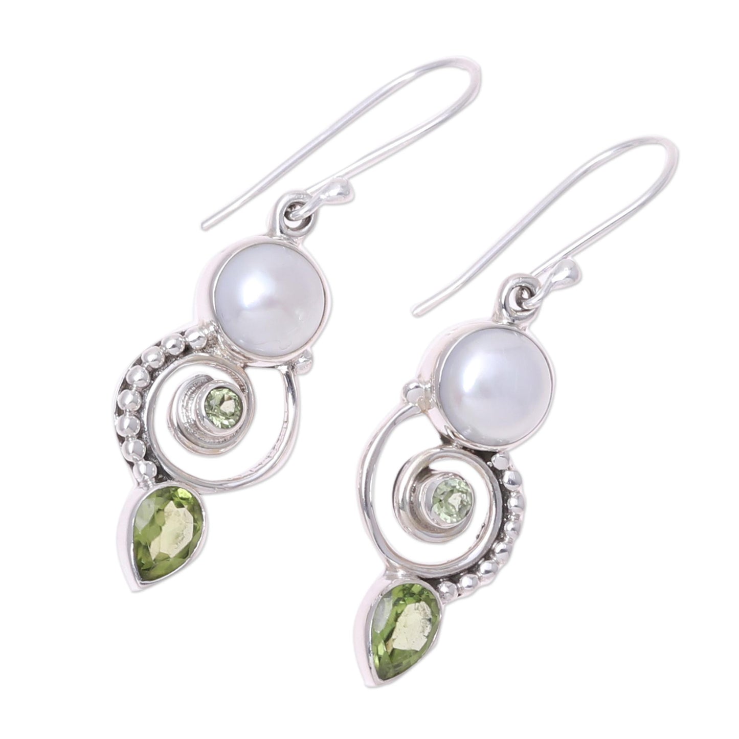 Elegant Labyrinth Cultured Pearl Peridot Sterling Silver Dangle Earrings