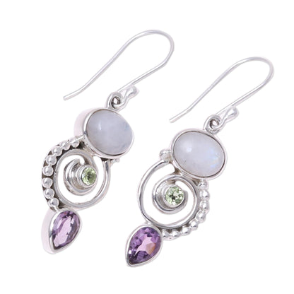 Twilight Labyrinth Multi-Gemstone and Sterling Silver Spiral Dangle Earrings