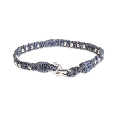 Brilliant Orbs Silver and Leather Beaded Wristband Bracelet in Blue