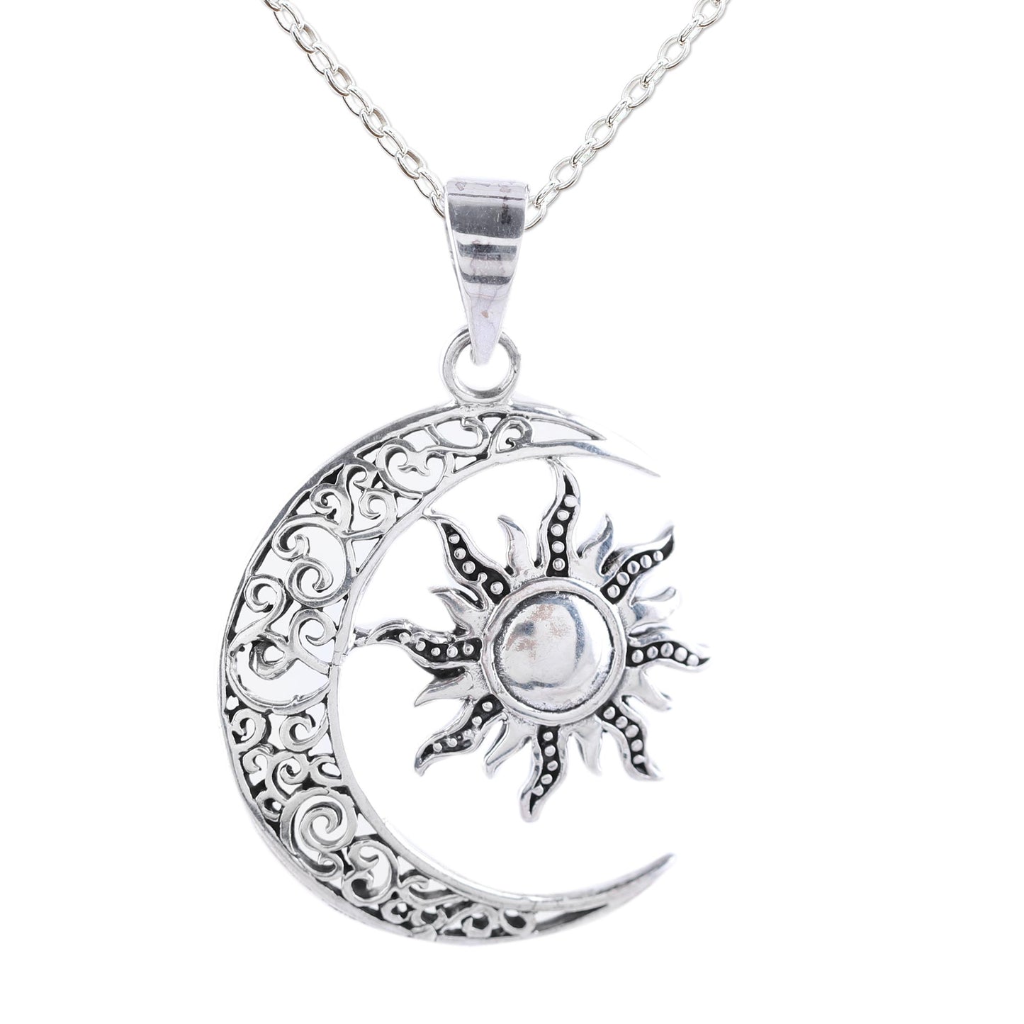 Celestial Duo Sun and Crescent Moon Sterling Silver Pendant Necklace