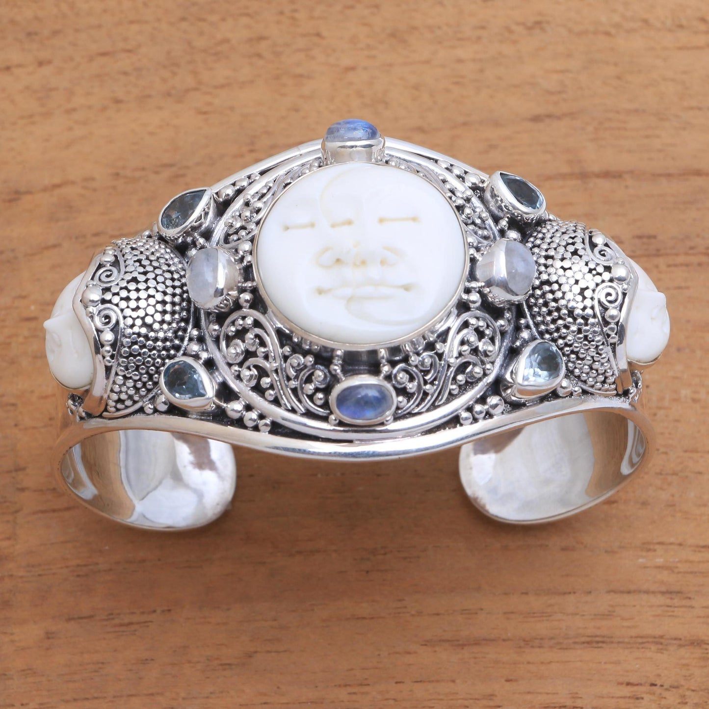 Keeper of the Moon Multi-Gem Sterling Silver & Bone Cuff Bracelet