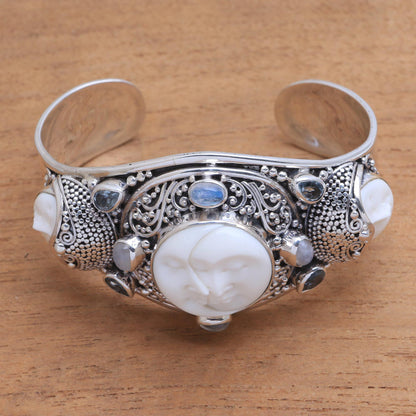 Keeper of the Moon Multi-Gem Sterling Silver & Bone Cuff Bracelet