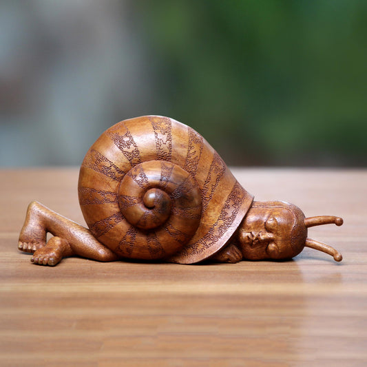 Slumbering Snail Snail-Themed Surrealist Suar Wood Sculpture from Indonesia