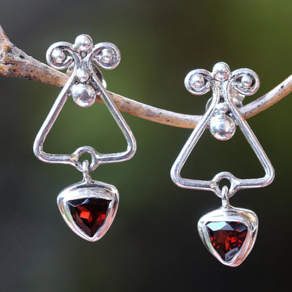 Triangle Dew Triangular Garnet Dangle Earrings from Bali