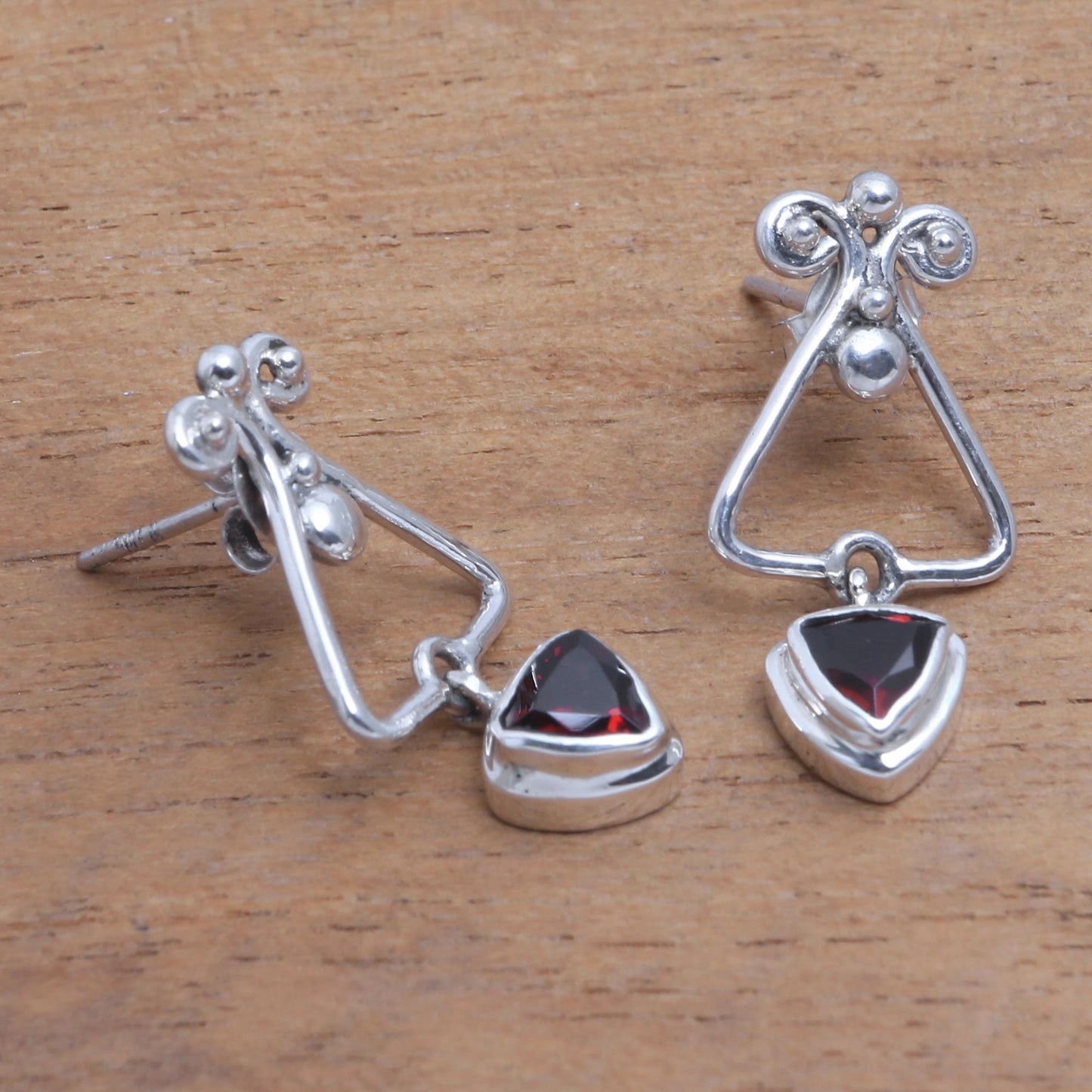 Triangle Dew Triangular Garnet Dangle Earrings from Bali