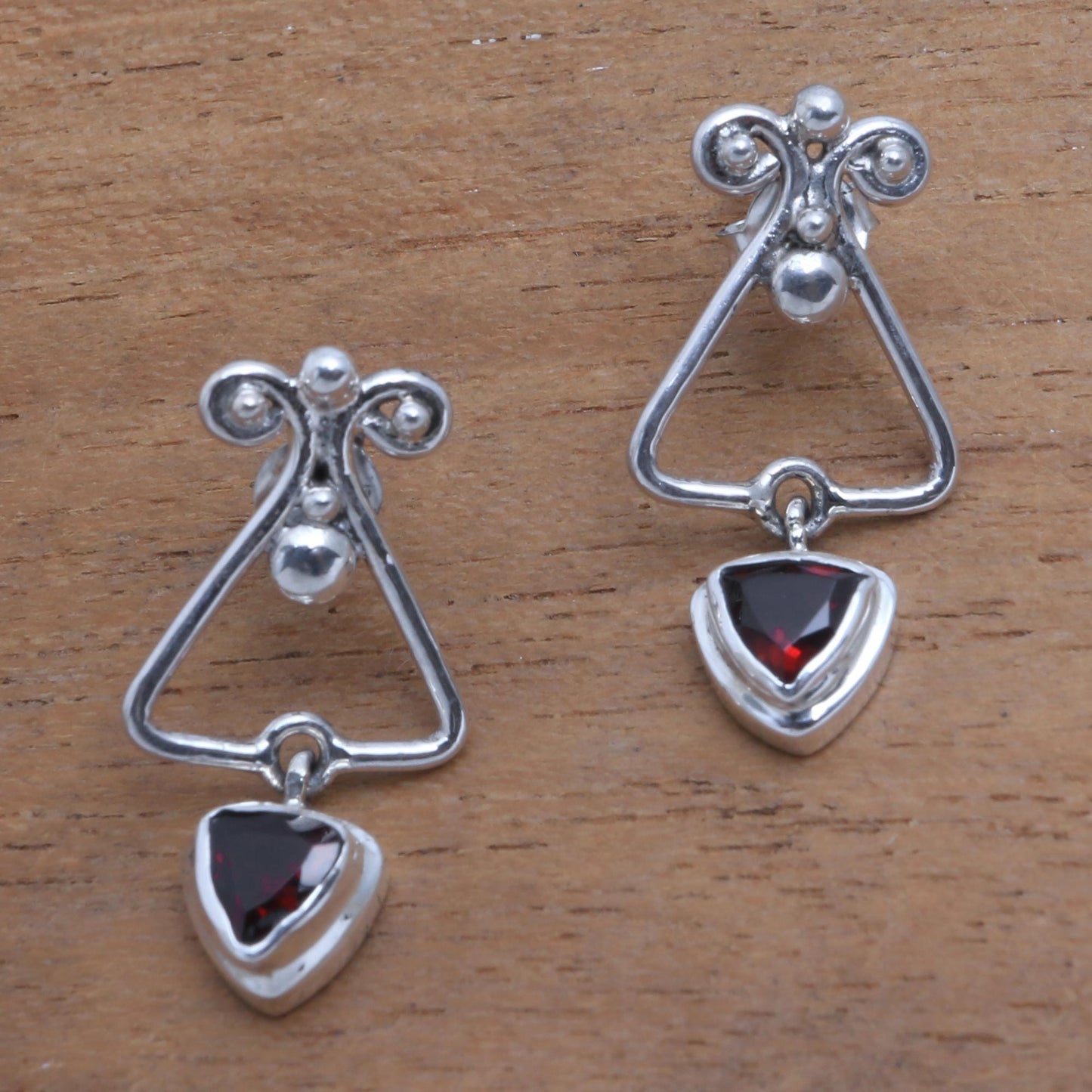 Triangle Dew Triangular Garnet Dangle Earrings from Bali