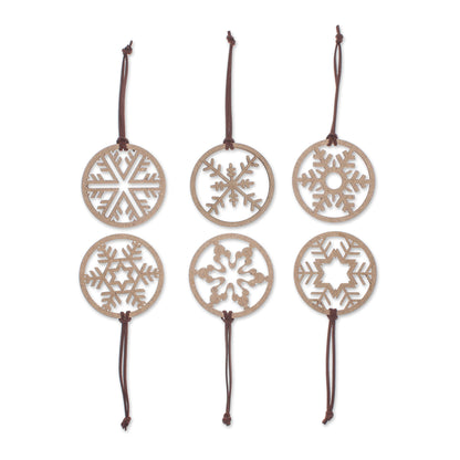 Let It Snow Christmas Brown Wood Set of 6 Ornaments