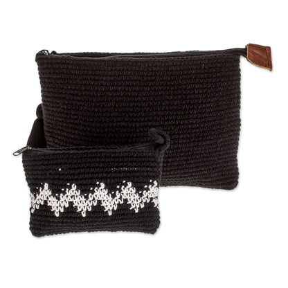 Zigzag Night Hand-Crocheted Cotton Handbags with White Zigzags (Pair)