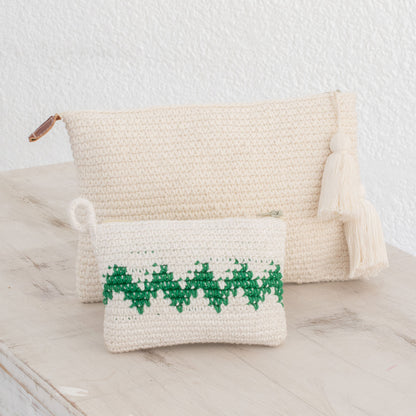 Zigzag Emerald Hand-Crocheted Cotton Handbags with Emerald Zigzags (Pair)