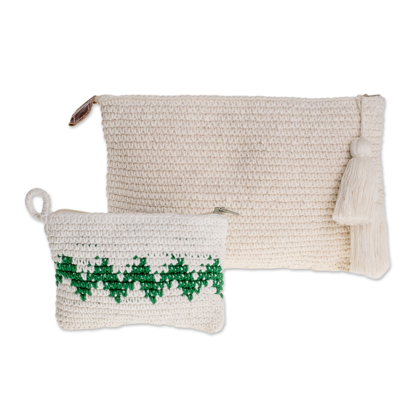 Zigzag Emerald Hand-Crocheted Cotton Handbags with Emerald Zigzags (Pair)