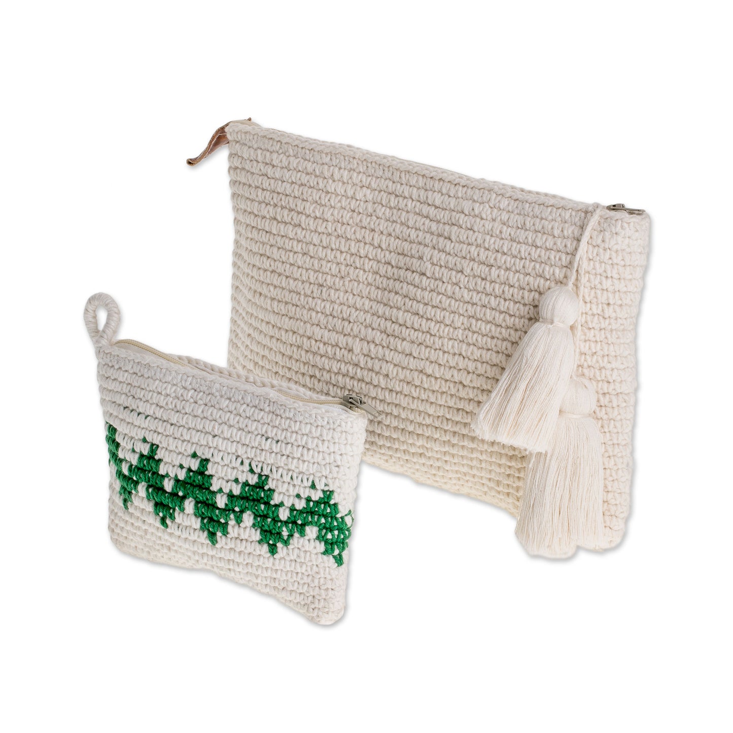 Zigzag Emerald Hand-Crocheted Cotton Handbags with Emerald Zigzags (Pair)