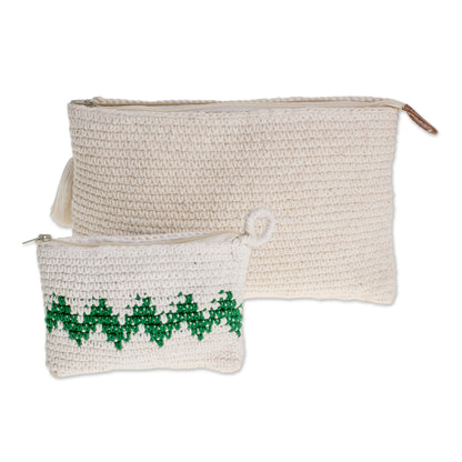 Zigzag Emerald Hand-Crocheted Cotton Handbags with Emerald Zigzags (Pair)