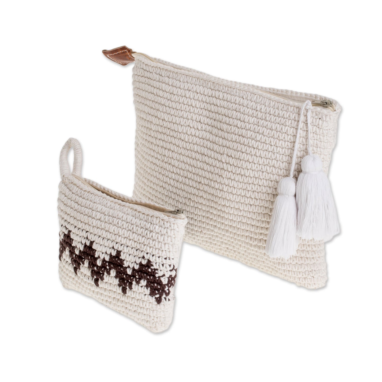 Zigzag Snow Hand-Crocheted Cotton Handbags with Black Zigzags (Pair)