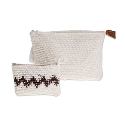 Zigzag Snow Hand-Crocheted Cotton Handbags with Black Zigzags (Pair)