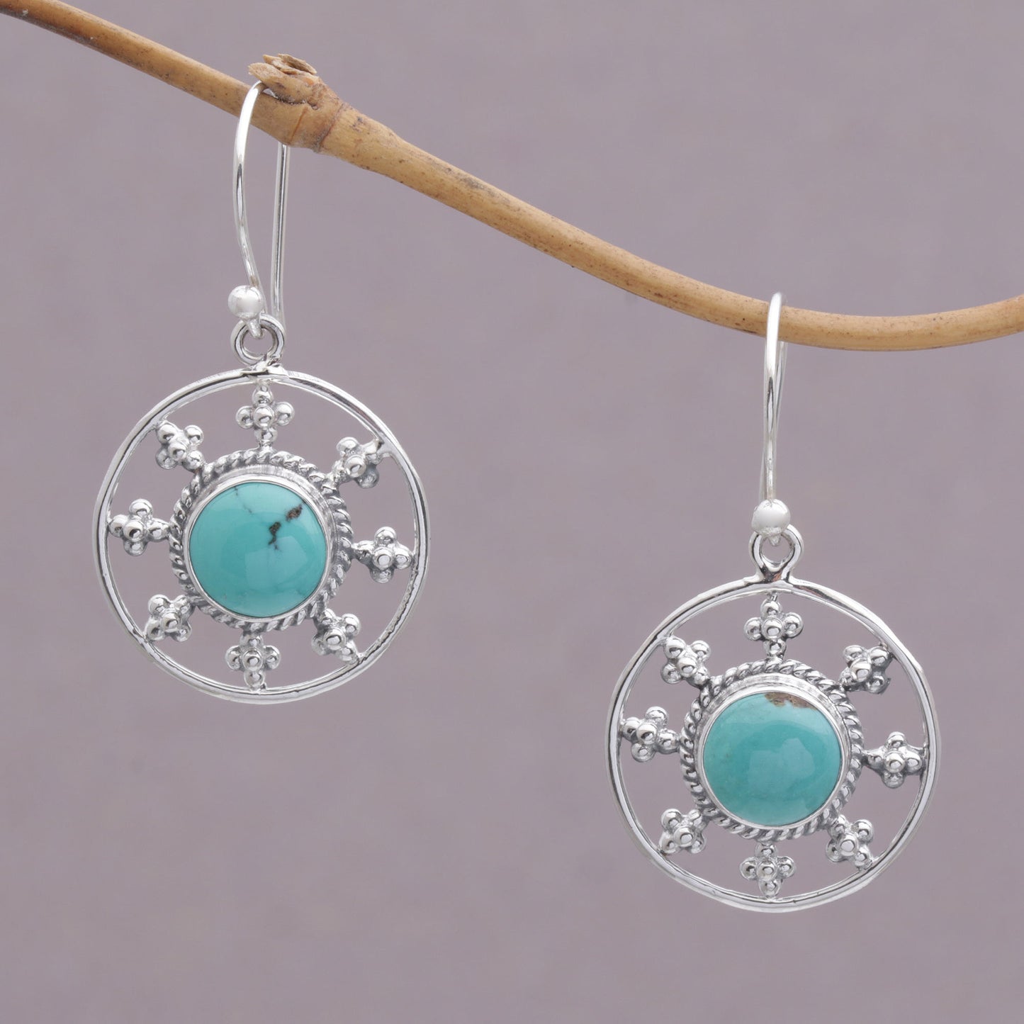 Blue-Green Sunrise Round Magnesite Dangle Earrings Crafted in Bali