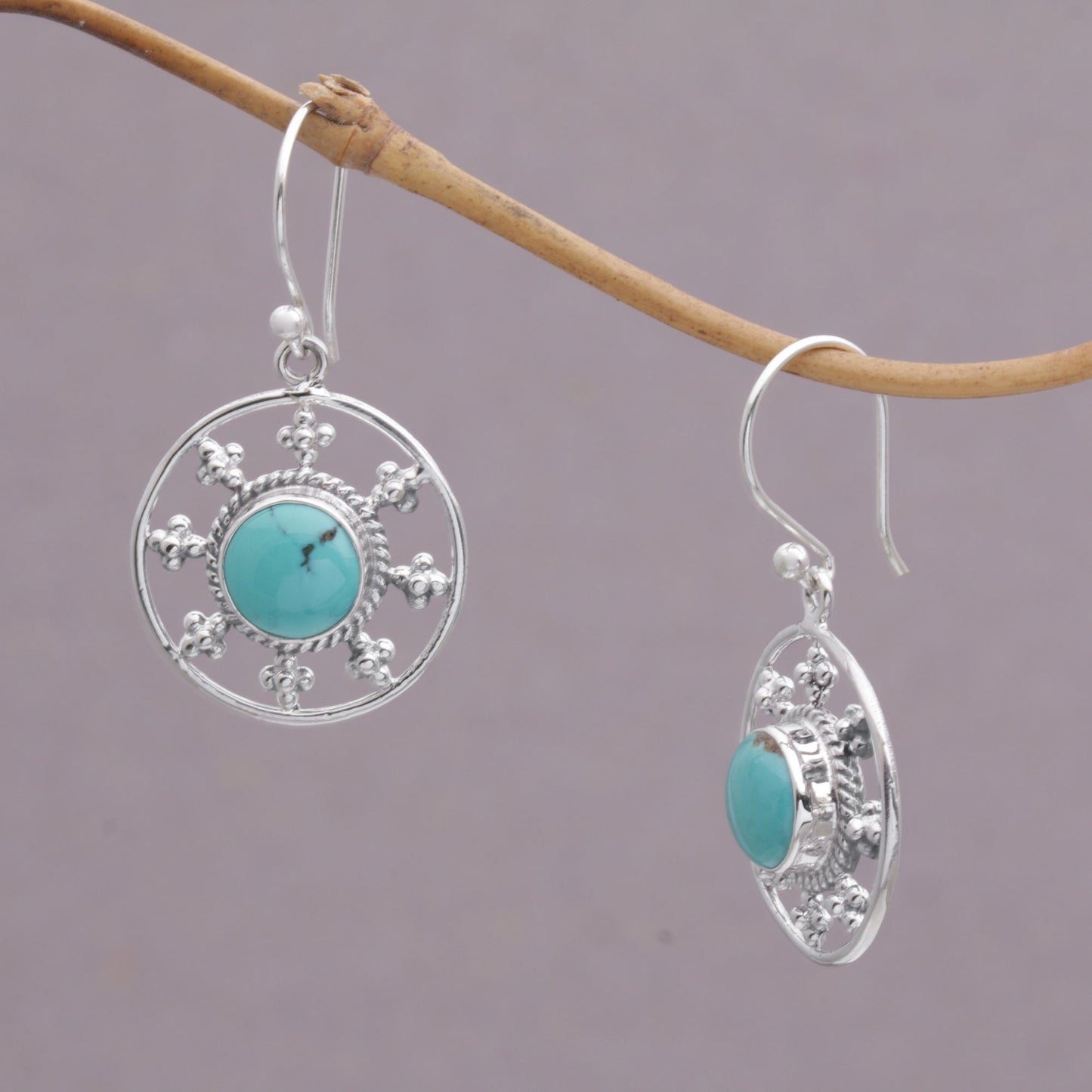 Blue-Green Sunrise Round Magnesite Dangle Earrings Crafted in Bali