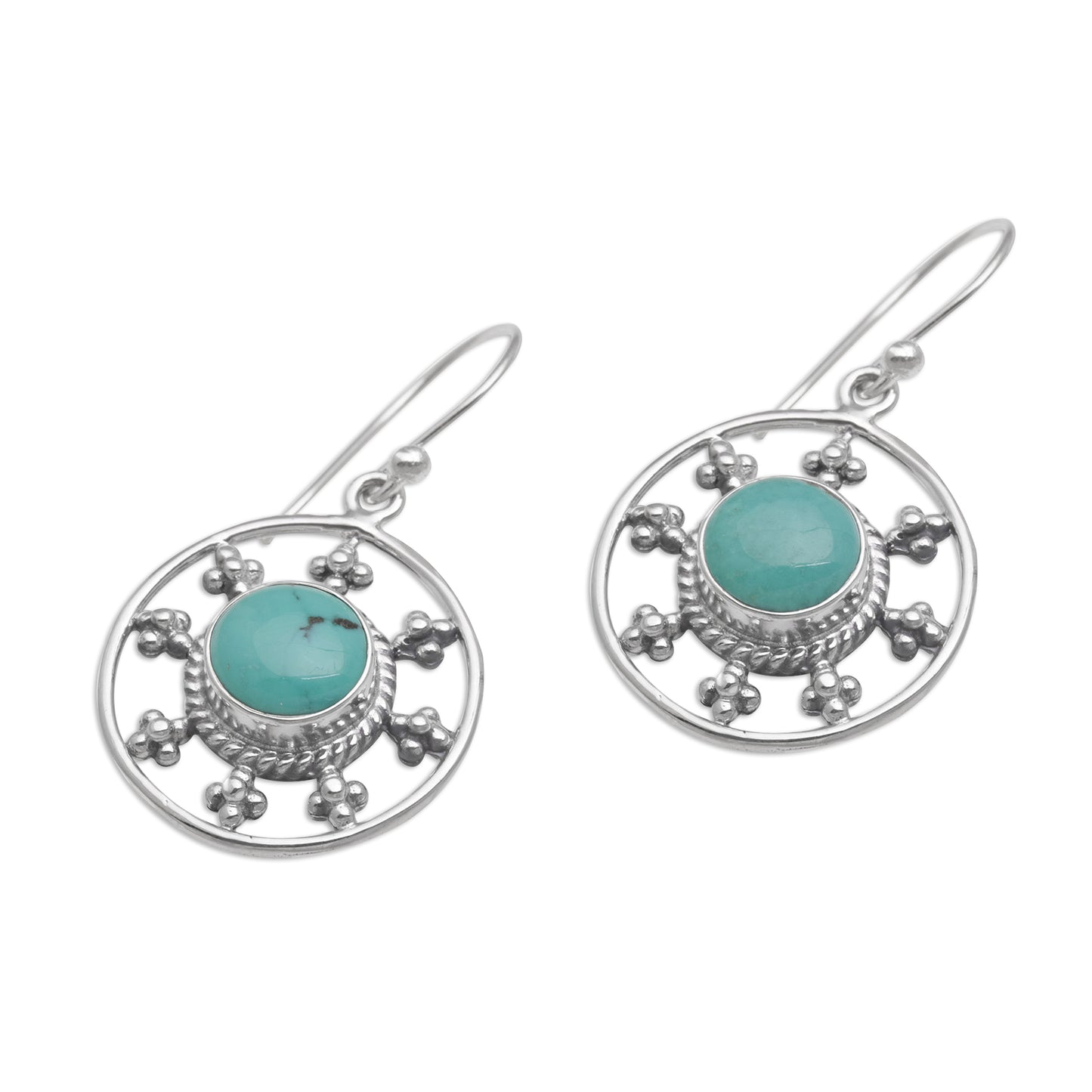 Blue-Green Sunrise Round Magnesite Dangle Earrings Crafted in Bali