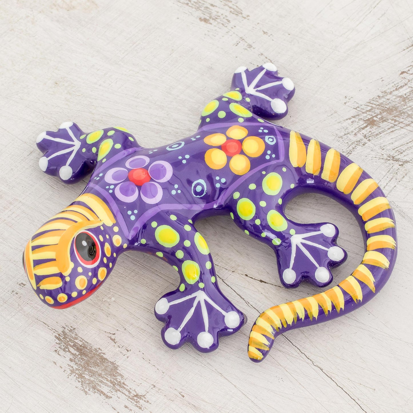 Gecko of the Garden in Purple Hand Painted Purple and Yellow Floral Motif Ceramic Gecko