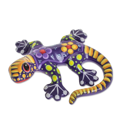 Gecko of the Garden in Purple Hand Painted Purple and Yellow Floral Motif Ceramic Gecko