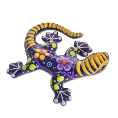 Gecko of the Garden in Purple Hand Painted Purple and Yellow Floral Motif Ceramic Gecko