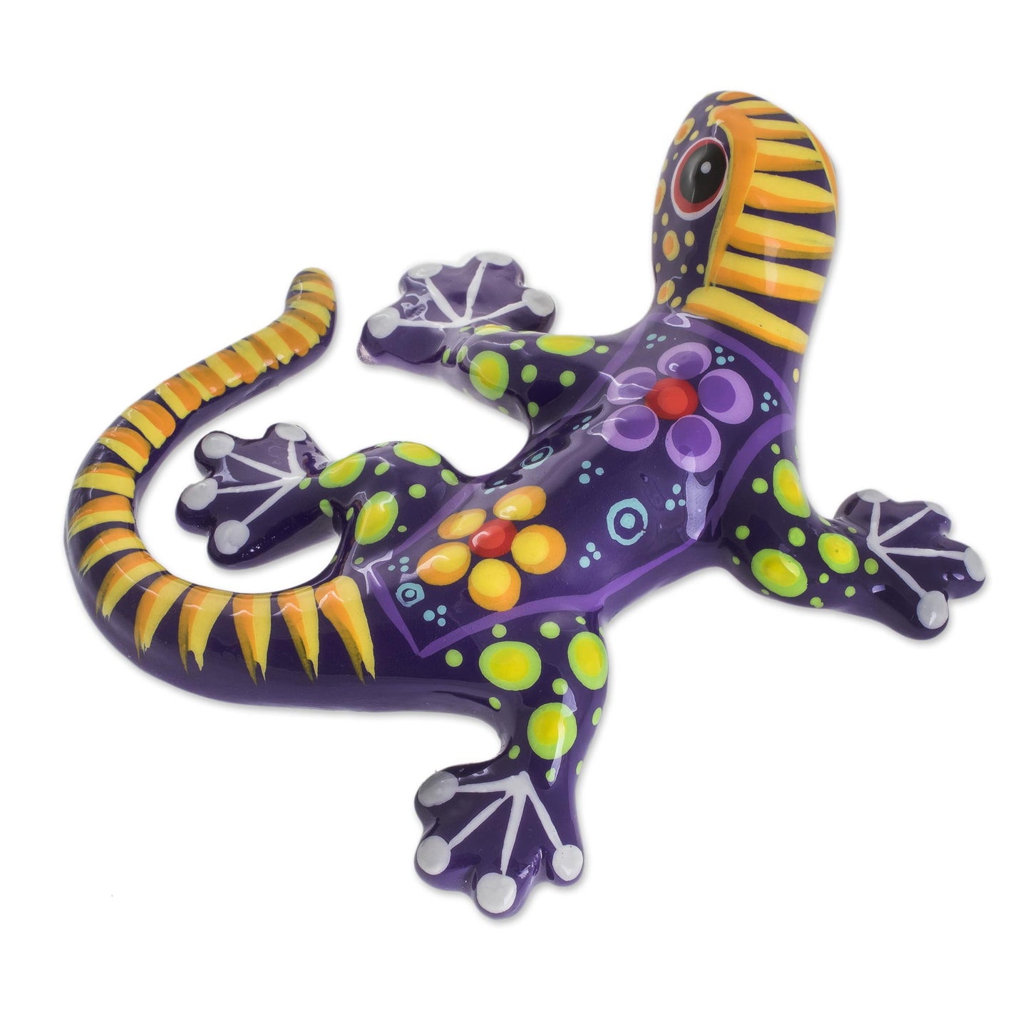 Gecko of the Garden in Purple Hand Painted Purple and Yellow Floral Motif Ceramic Gecko