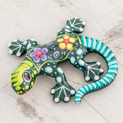 Gecko of the Garden in Green Hand Painted Green Multi-Color Floral Motif Ceramic Gecko