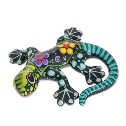 Gecko of the Garden in Green Hand Painted Green Multi-Color Floral Motif Ceramic Gecko