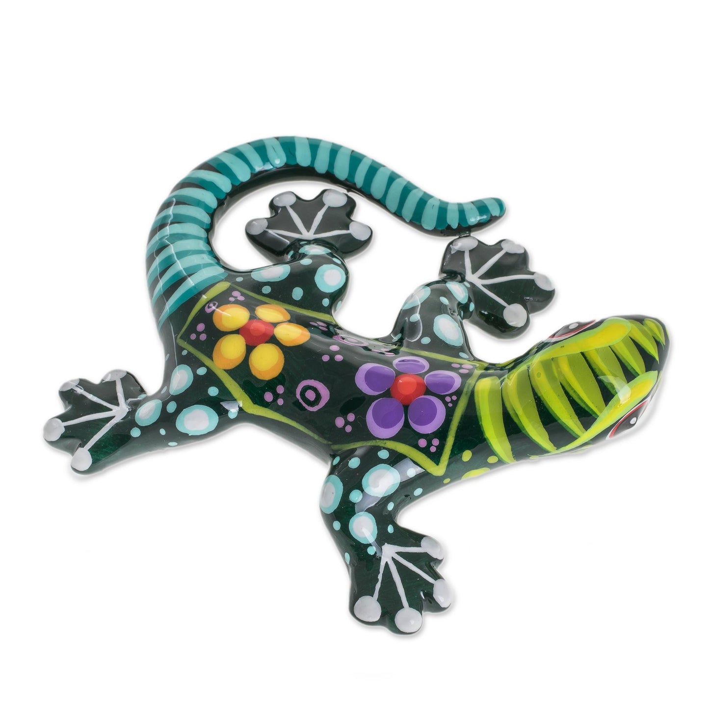 Gecko of the Garden in Green Hand Painted Green Multi-Color Floral Motif Ceramic Gecko