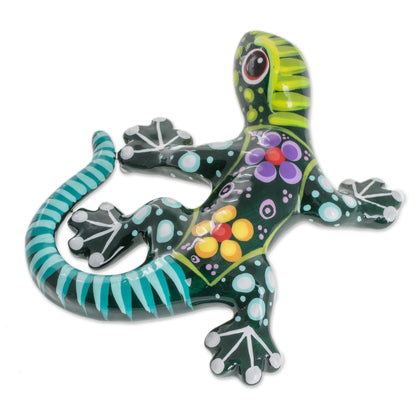 Gecko of the Garden in Green Hand Painted Green Multi-Color Floral Motif Ceramic Gecko