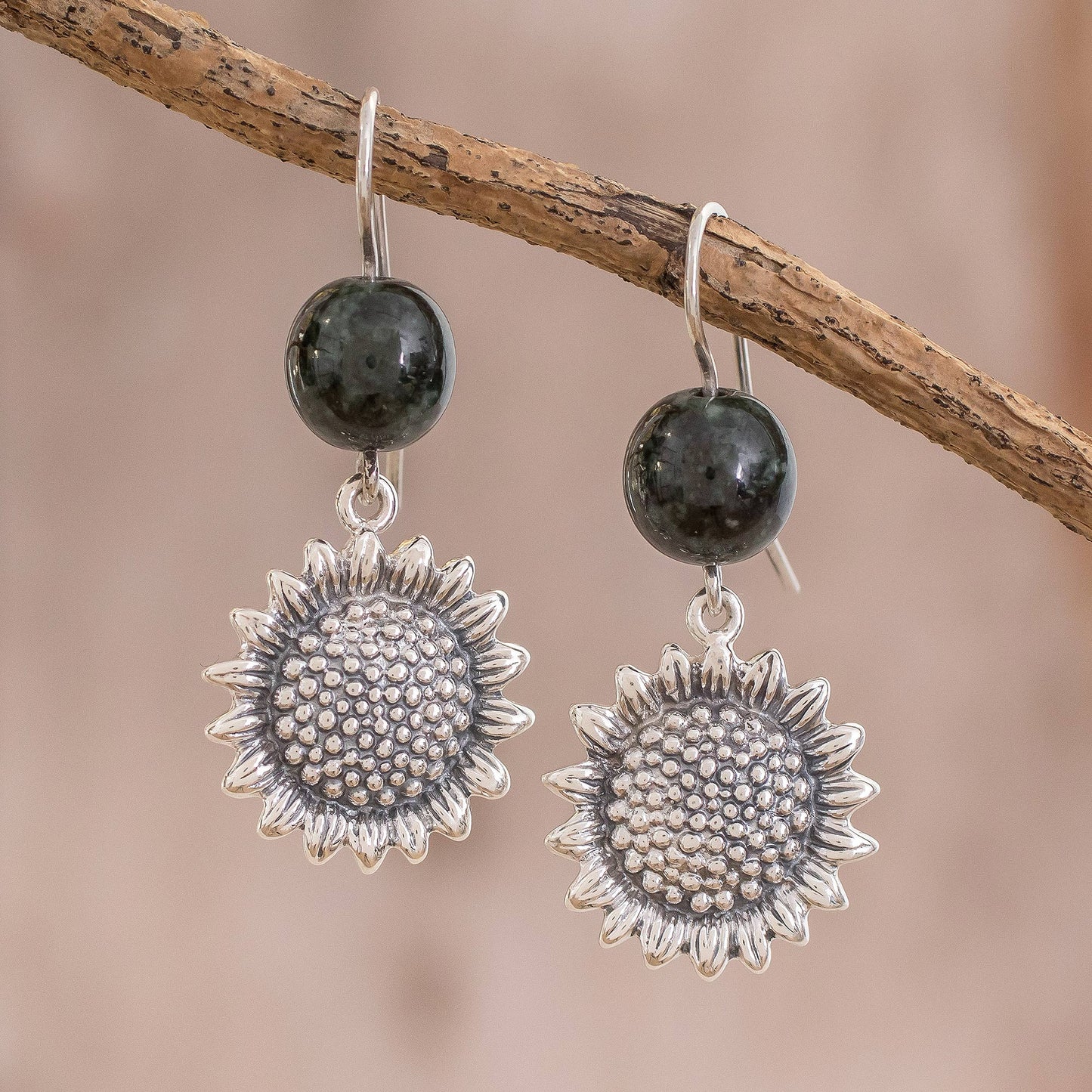 Sunflower Nature Jade Sunflower Dangle Earrings from Guatemala