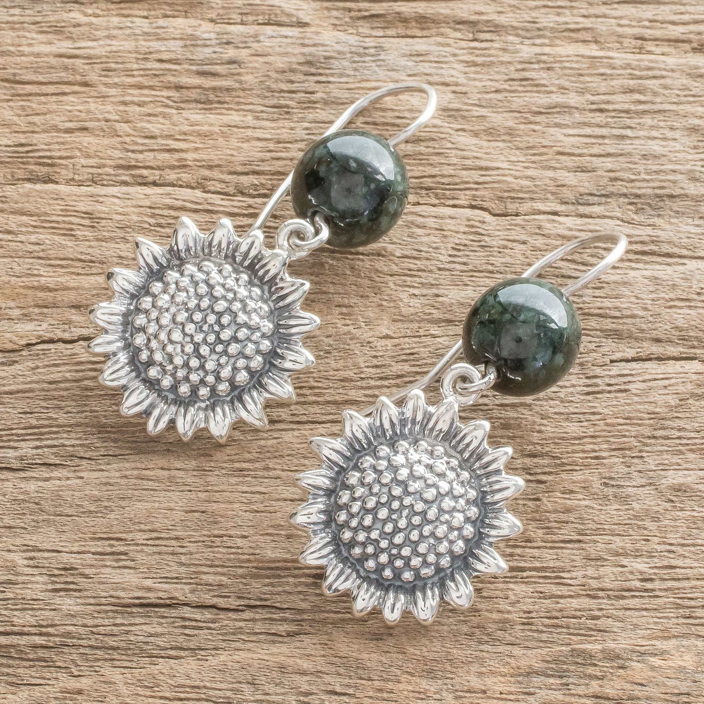 Sunflower Nature Jade Sunflower Dangle Earrings from Guatemala