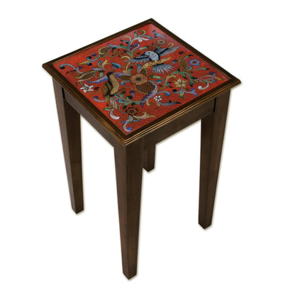 Birds in the Red Skies Floral and Bird Motif Reverse-Painted Glass Accent Table