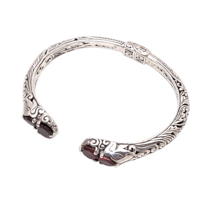 Elephant's Treasure Garnet and Sterling Silver Elephant Motif Cuff Bracelet