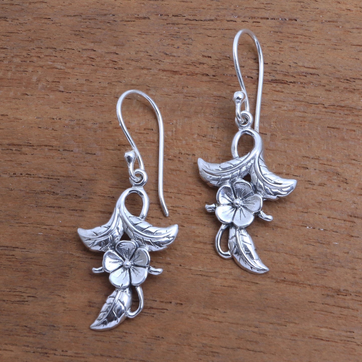 Frangipani Blooms 925 Sterling Silver Flower Dangle Earrings from Bali