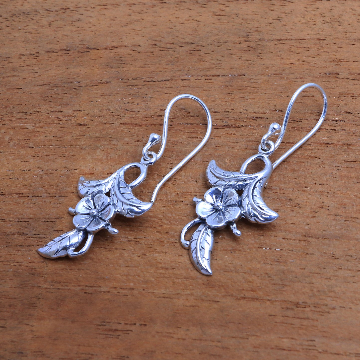 Frangipani Blooms 925 Sterling Silver Flower Dangle Earrings from Bali