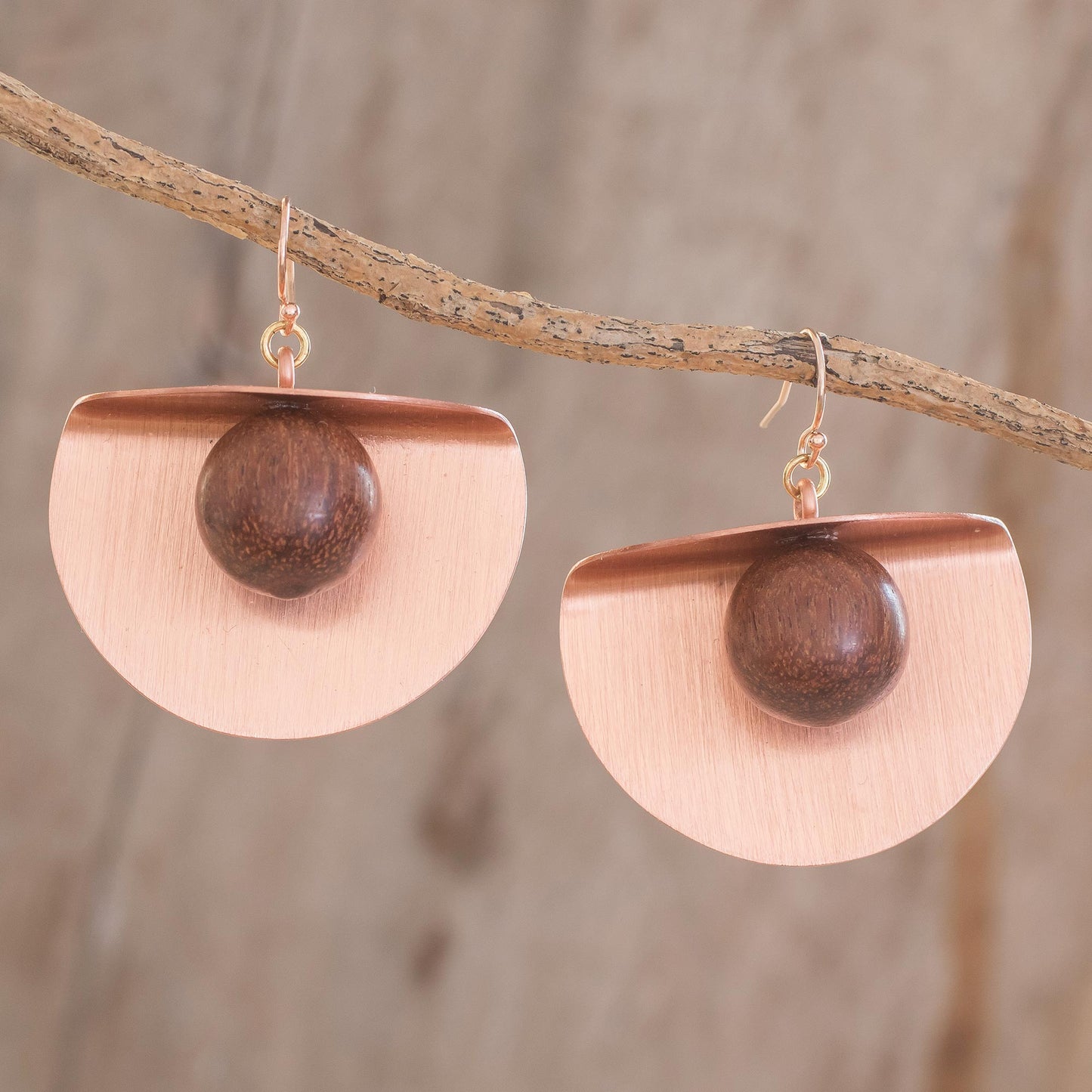 Winking Moon in Copper Copper and Wood Bead Dangle Earrings with 18K Gold Hooks