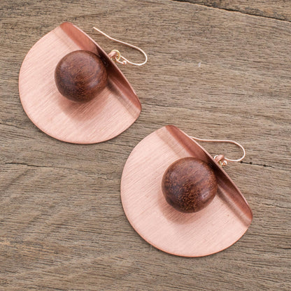 Winking Moon in Copper Copper and Wood Bead Dangle Earrings with 18K Gold Hooks