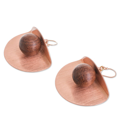 Winking Moon in Copper Copper and Wood Bead Dangle Earrings with 18K Gold Hooks