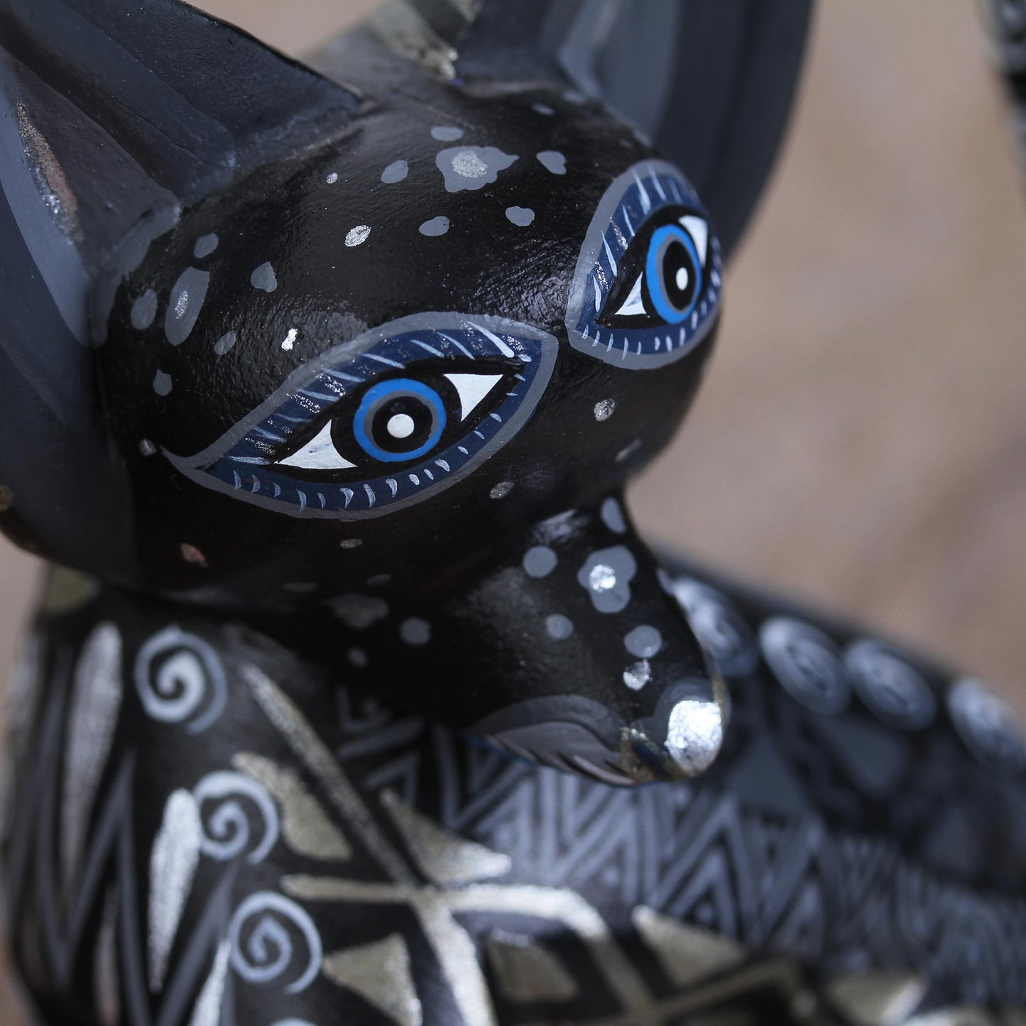 Black Fox Wood Alebrije Fox Figurine in Black from Mexico