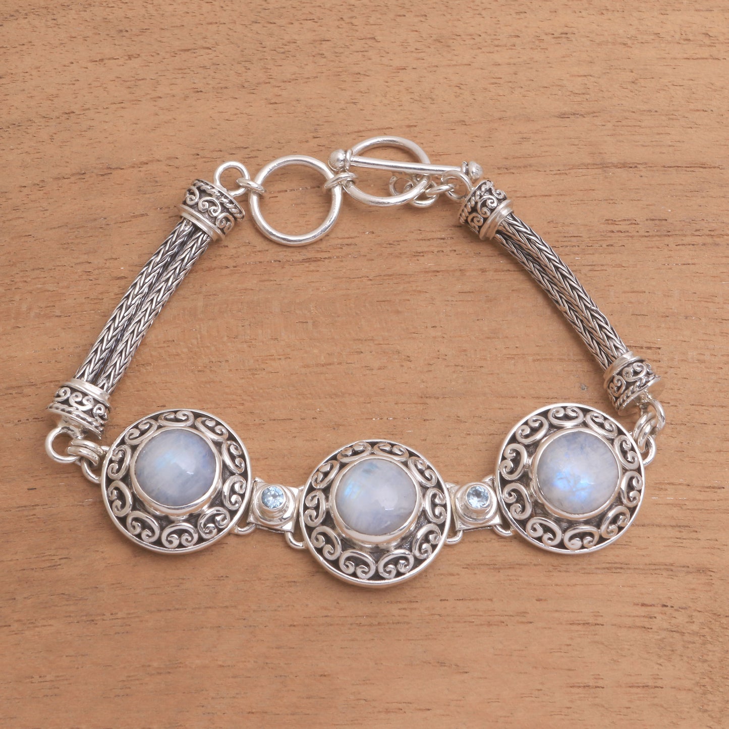 Temple Roof Rainbow Moonstone and Blue Topaz Pendant Bracelet