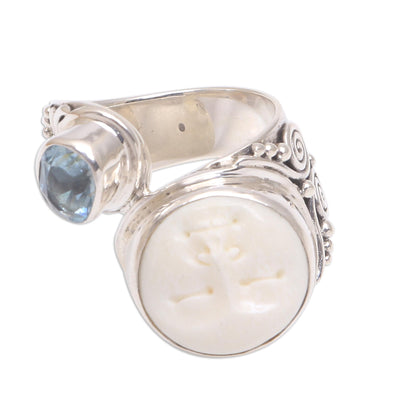 Sparkling Face Blue Topaz Silver Cow Bone Ring